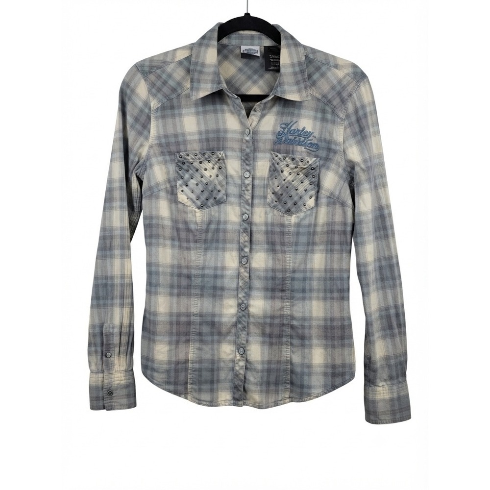 Harley Davidson Womens Blue Plaid Studded Western Button Up Shirt Medium M